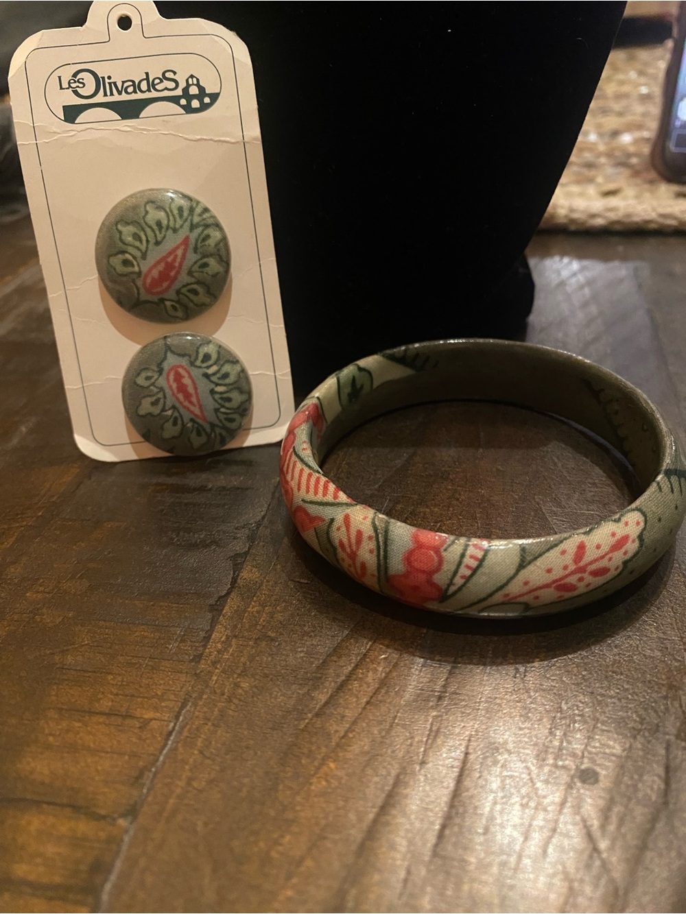 Vintage Les Olivades French Country Fabric Bangle & Clip Earring Set